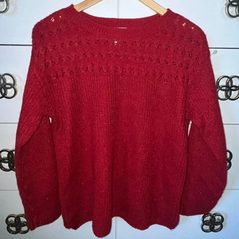 St John’s Bay Red Shimmer Chunky Knit Sweater Sz PL